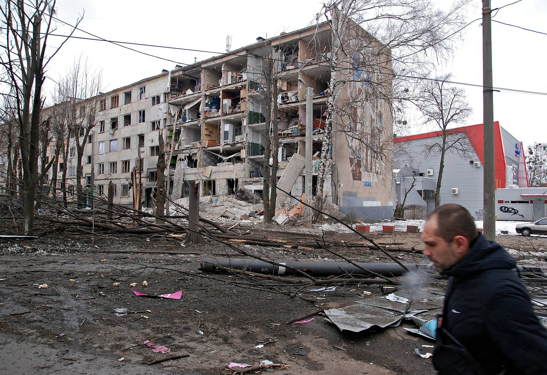 A view shows a residential building damaged by recent shelling during Ukraine-Russia conflict in Kharkiv