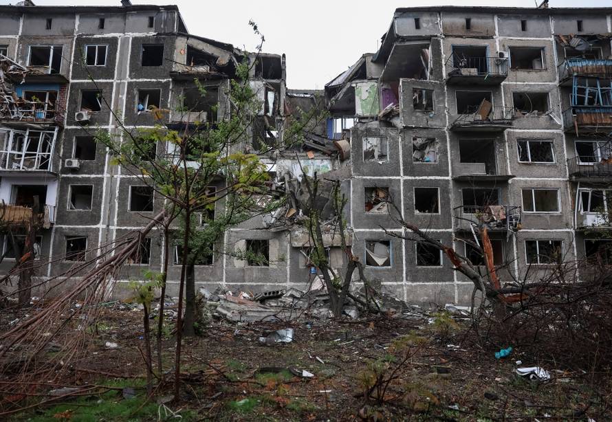 An apartment building damaged by a Russian military strike in the frontline town of Dobropillia