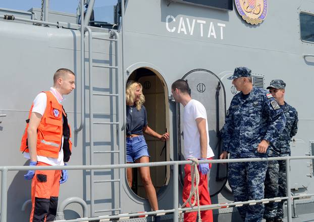 British tourist Kay Longstaff leaves the Croatian Coast Guard vessel "Cavtat" in Pula, Croatia after being rescued from the Adriatic sea