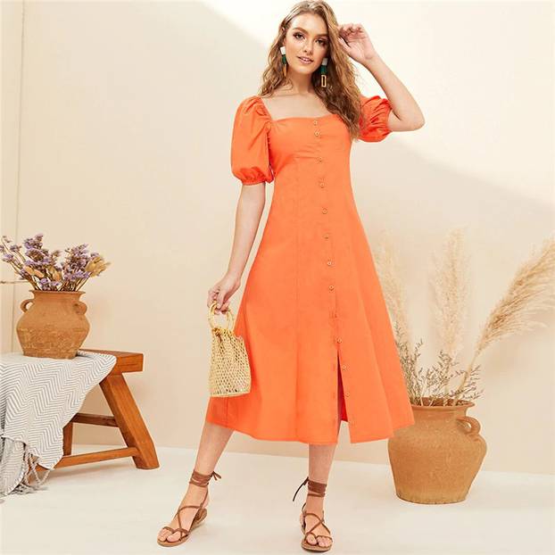 Women Boho Cute Square Neck Solid Puff Sleeve Midi Long Dress