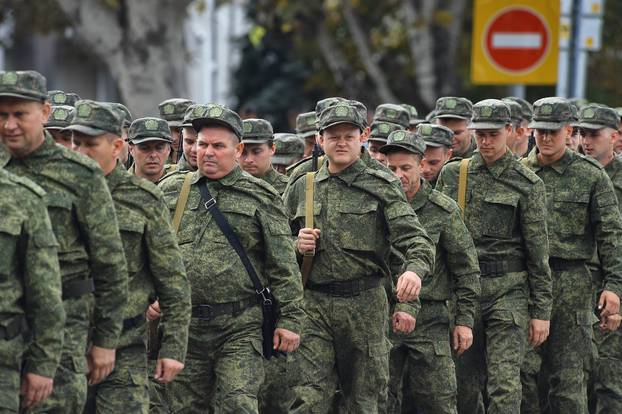 Carrying out the partial military mobilization announced by Russian President Vladimir Putin on September 21, 2022. Genre photography. The ceremony of sending mobilized citizens from Sevastopol and the Republic of Crimea on Nakhimov Square..