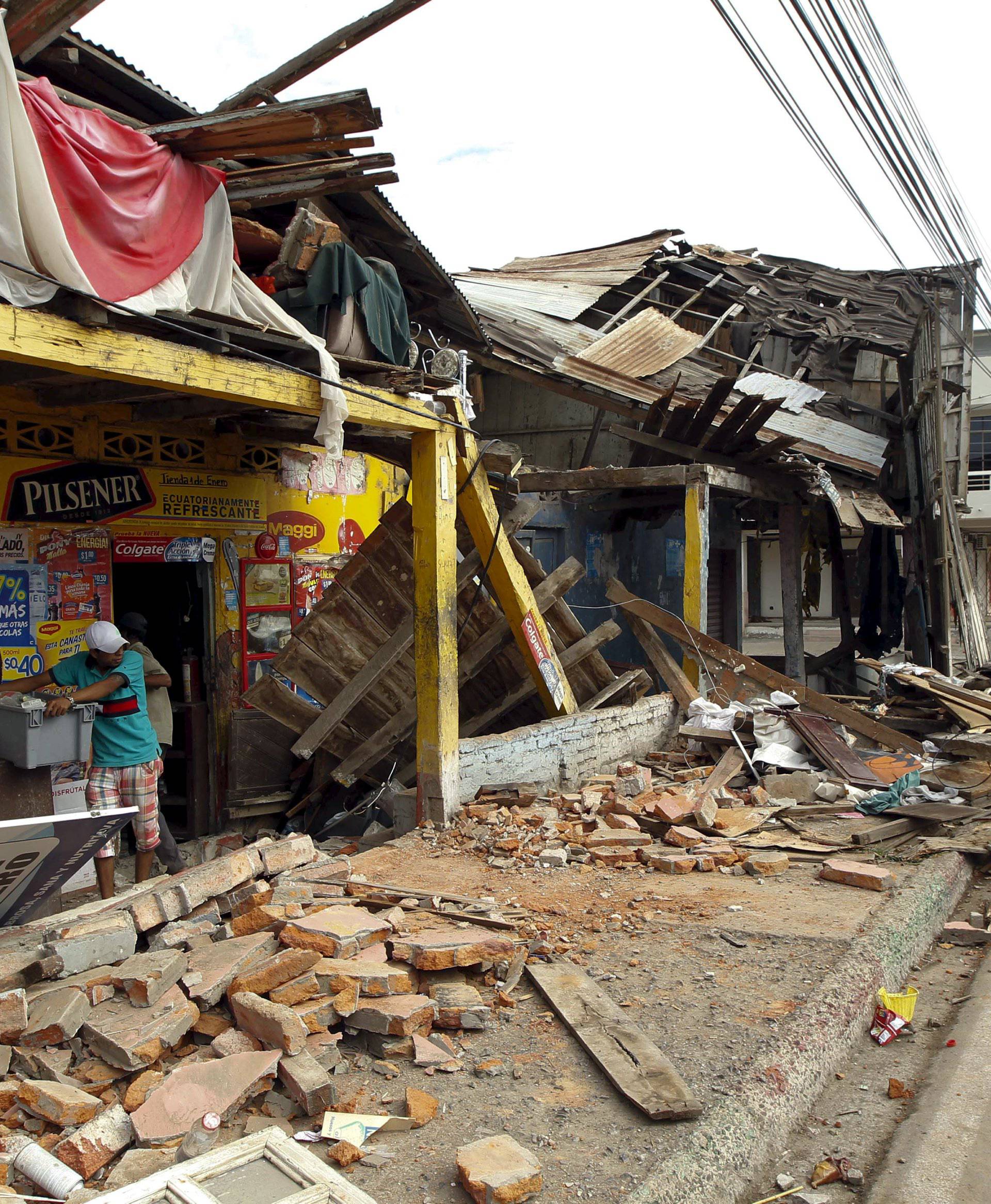 Damage is pictured after an earthquake struck off Ecuador's Pacific coast, at Tarqui neighborhood in Manta