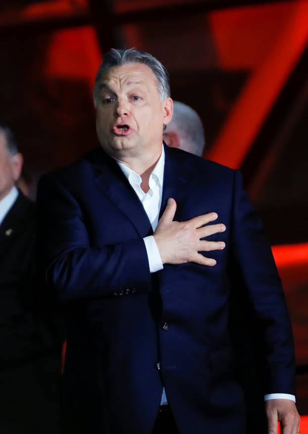 Hungarian Prime Minister Viktor Orban addresses the supporters after the announcement of the partial results of parliamentary election in Budapest