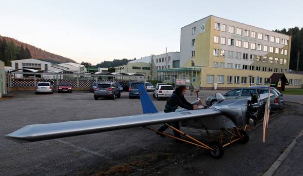 Aviator Frantisek Hadrava parks Vampira, an ultralight plane based on the U.S.-design of light planes called Mini-Max, near the town of Ckyne