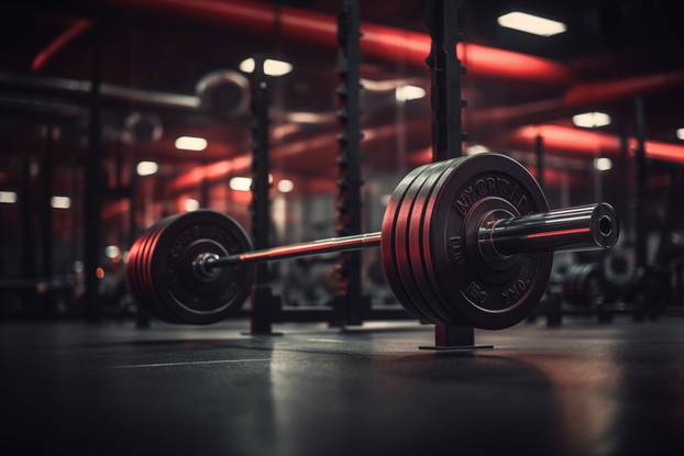 Intense workout experience in modern gym illuminated with red lights featuring heavy dumbbells