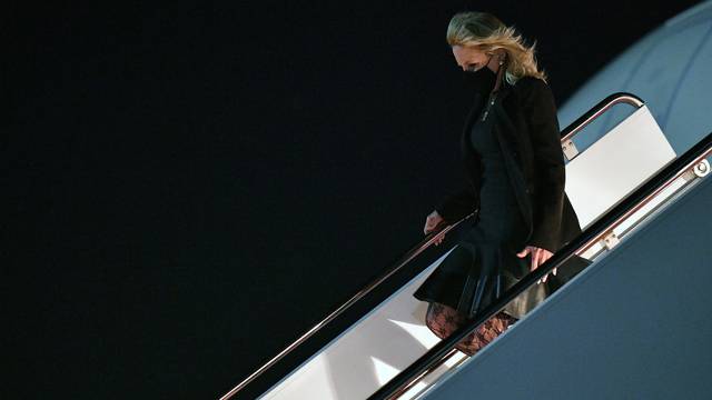 U.S. First Lady Jill Biden deplanes upon arrival at Andrews Air Force Base in Maryland