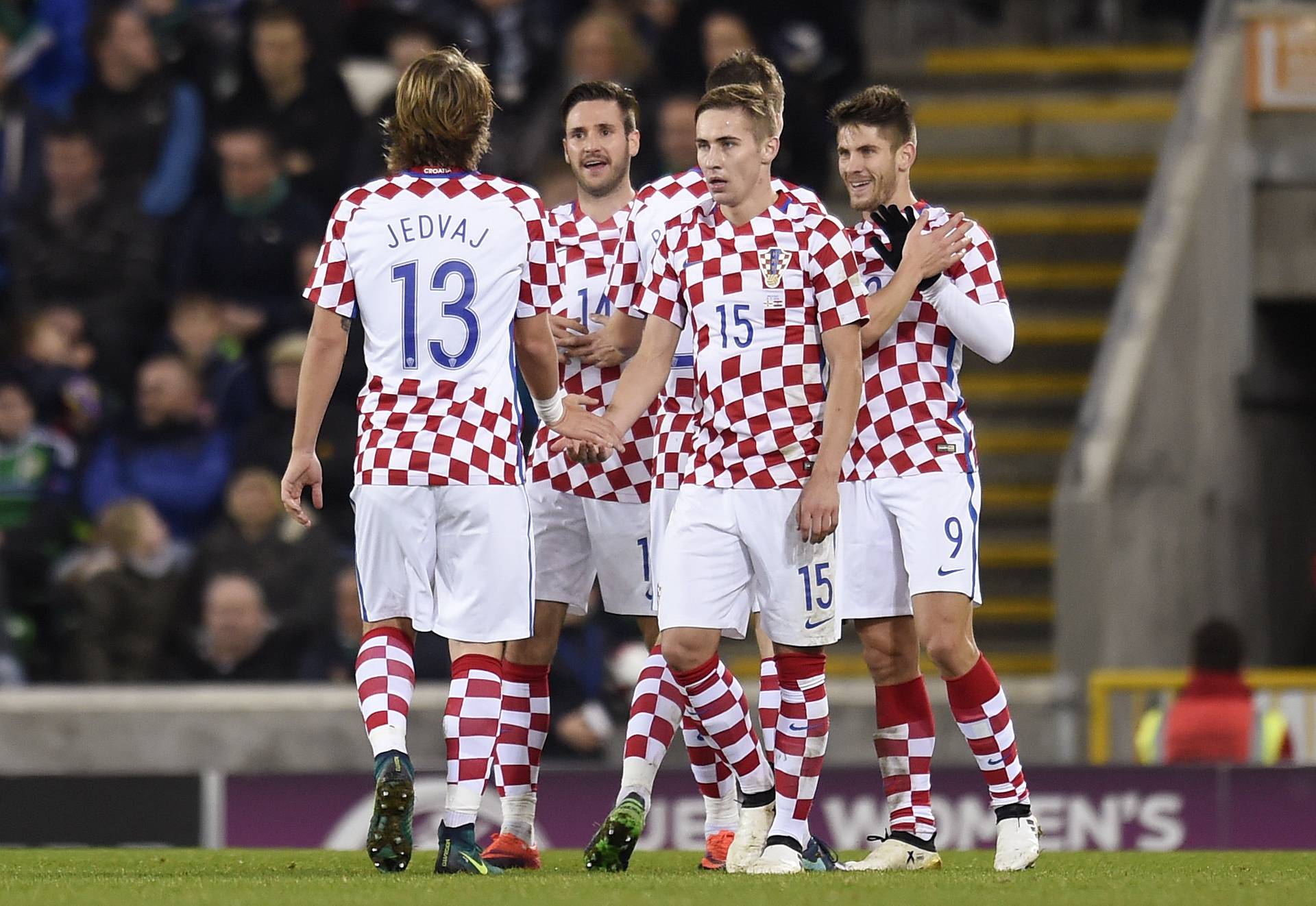Croatia's Andrej Kramaric celebrates scoring their third goal with teammates