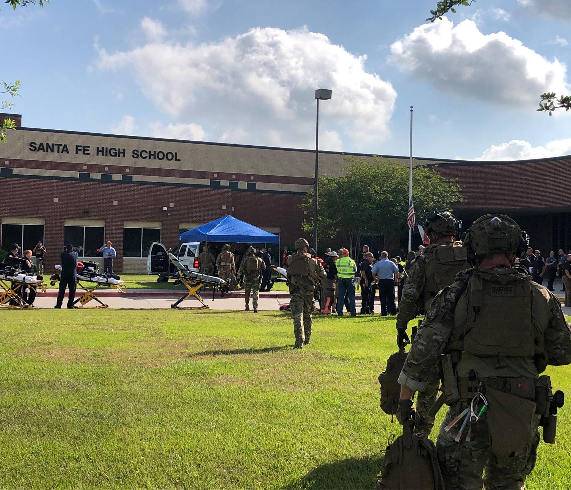 Law enforcement officers are responding to Santa Fe High School in this Harris County Sheriff office photo