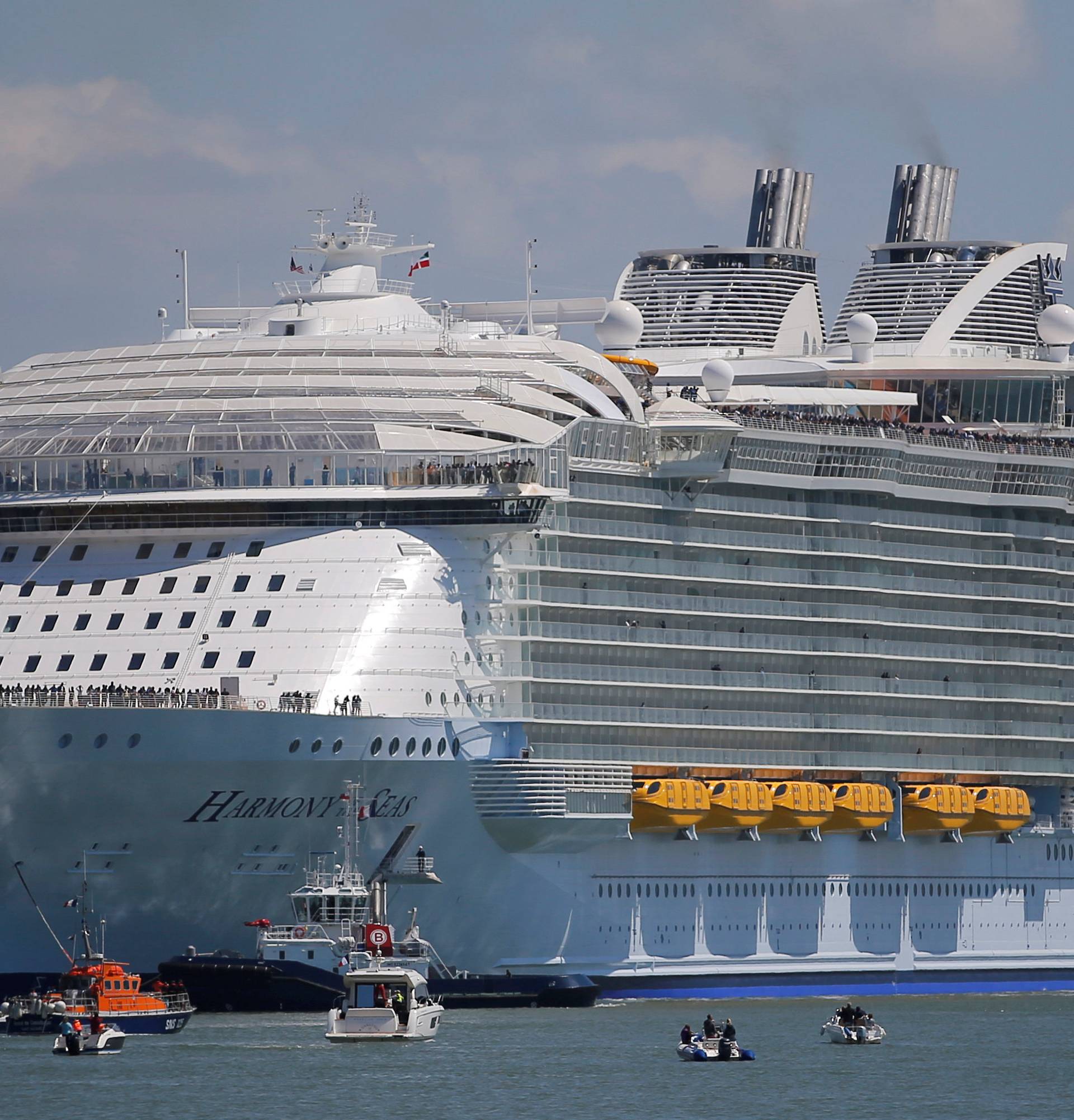 The Harmony of the Seas (Oasis 3) class ship leaves the STX Les Chantiers de l'Atlantique shipyard site in Saint-Nazaire