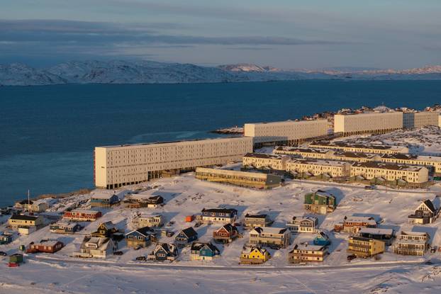 A drone view shows a general view of Nuuk