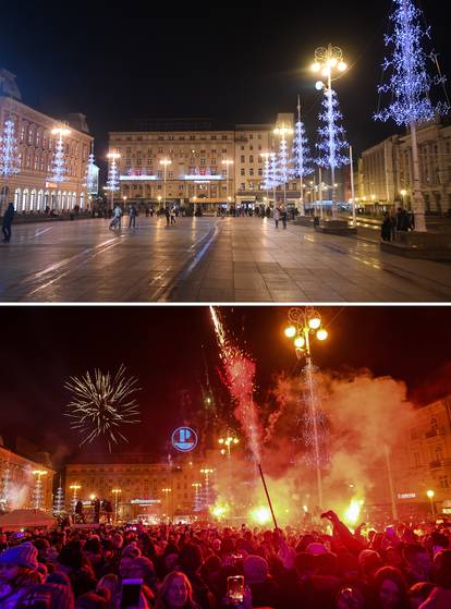 Kombo fotografije dočeka Nove 2020. i 2021. godine na glavnom Trgu