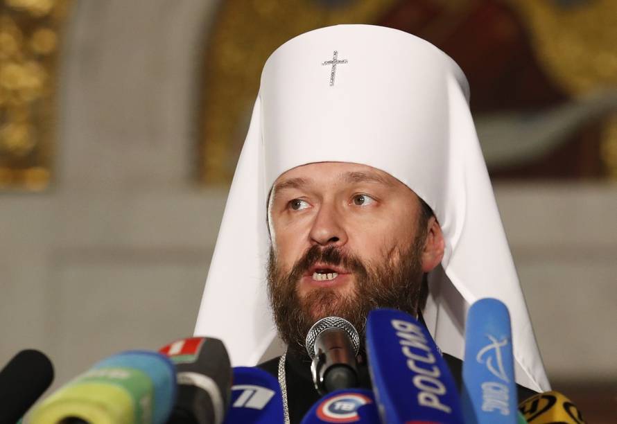 Chairman of external relations department of the Moscow Patriarchate, Metropolitan Hilarion, attends a news conference in Minsk