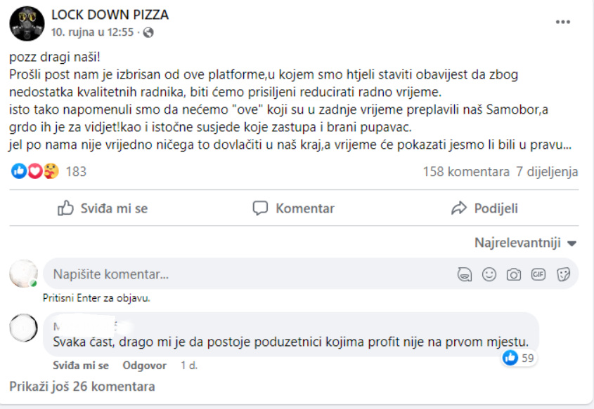 Skandalozna objava pizzerije iz Samobora: 'Nećemo zaposliti četnike iz Niša, a ni one crne'