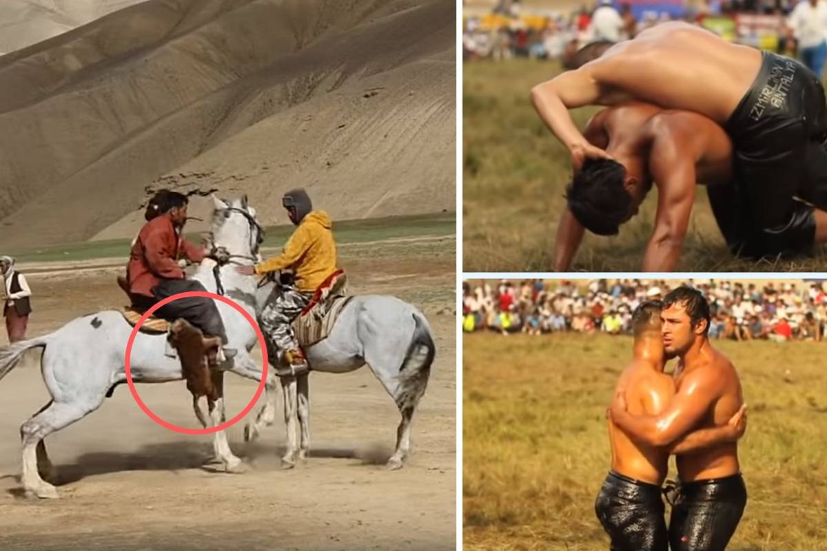Nauljeni polugoli turski hrvači i jahači konja koji kradu kozji leš