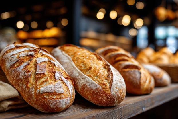 Freshly baked loaves of bread on display