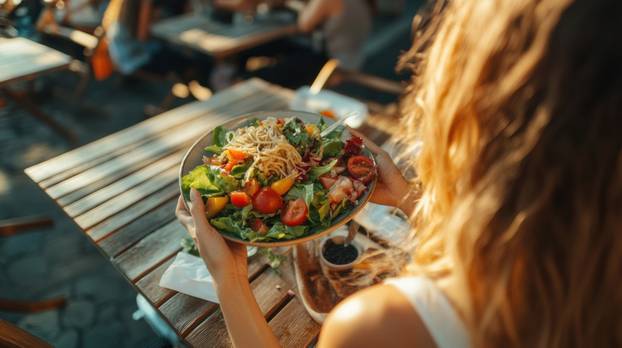 A woman holding a plate of food at an outdoor table, AI