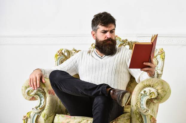 Intelligent concept. Scientist, professor on pensive face enjoys literature. Man with beard and mustache spends leisure with book. Lecturer smart sit on armchair and reads book, white wall background