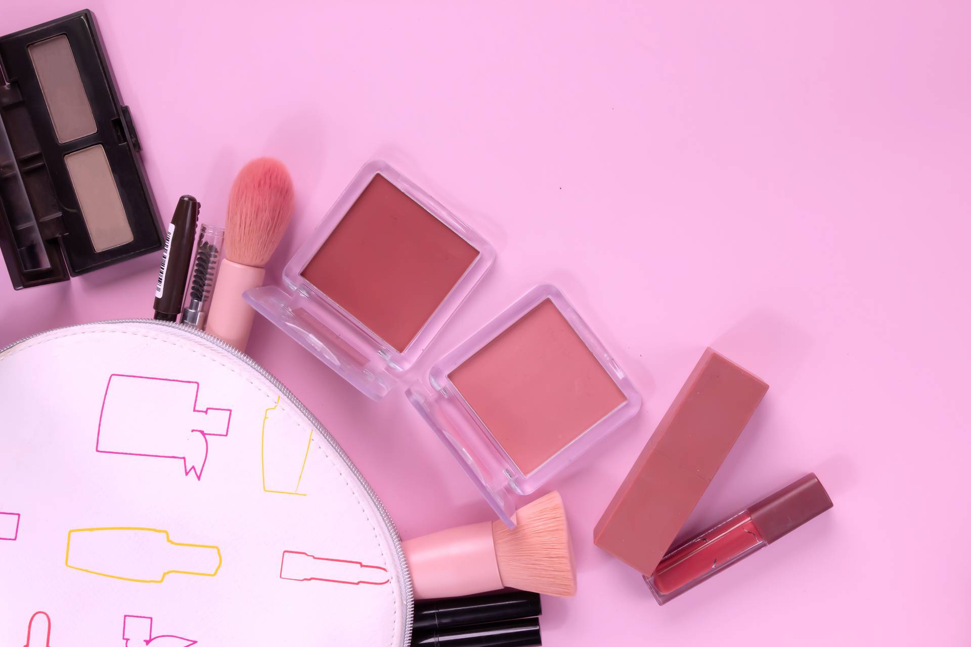 flat lay of makeup or cosmetic product professional and brush ar