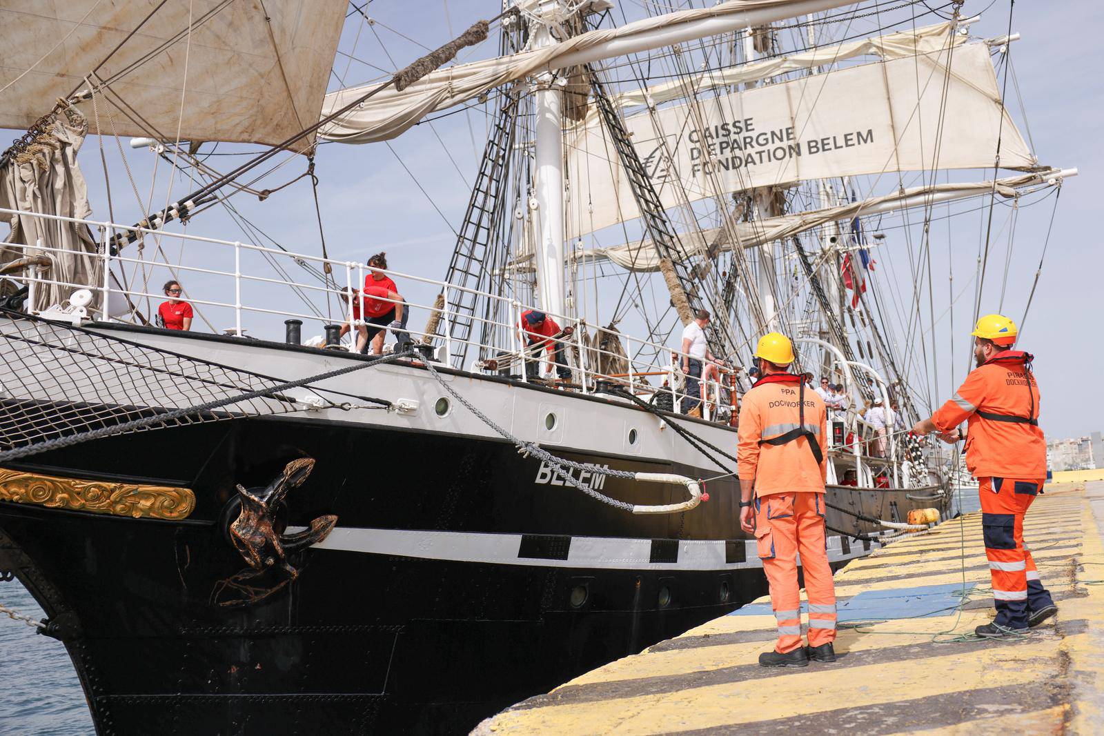 The "Belem", a three masted sailing ship that will transport the Olympic Flame from Greece to France, arrives in Piraeus