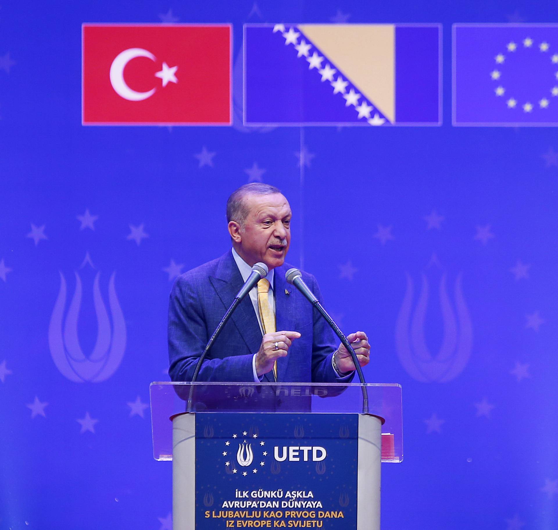 Turkish President Tayyip Erdogan attends a pre-election rally in Sarajevo