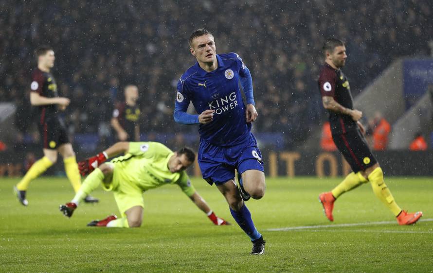 Leicester City's Jamie Vardy celebrates scoring their first goal