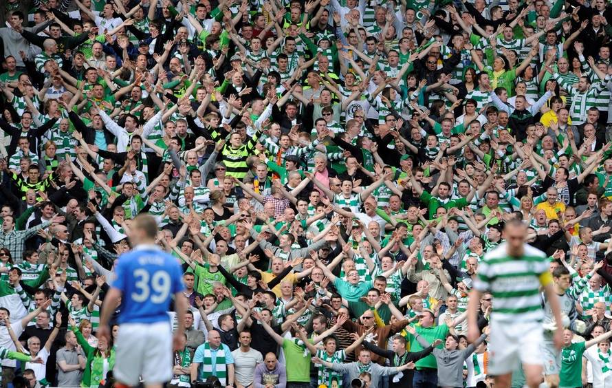 FILE PHOTO: Celtic fans show their support for manager Neil Lennon during their 0-0 draw with Rangers in a Scottish Premier League clash at Ibrox Stadium, Glasgow.