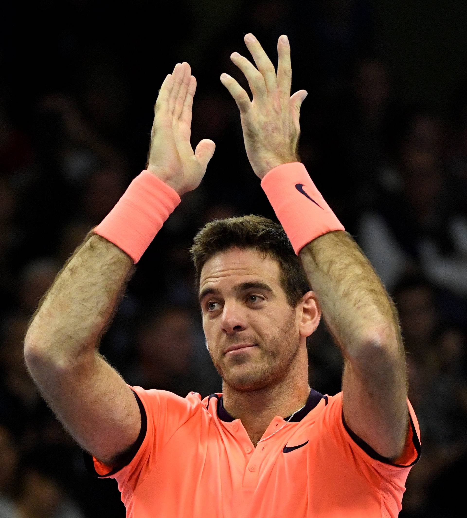 Argentina's Juan MartÃ­n del Potro celebrates winning the men's final match against Jack Sock of the U.S. at the ATP Stockholm Open tennis tournament in Stockholm