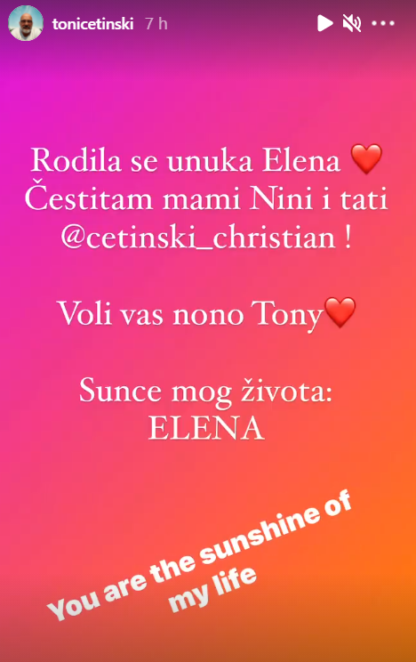 Tony Cetinski potvrdio sretnu vijest: 'Rodila se unuka Elena'