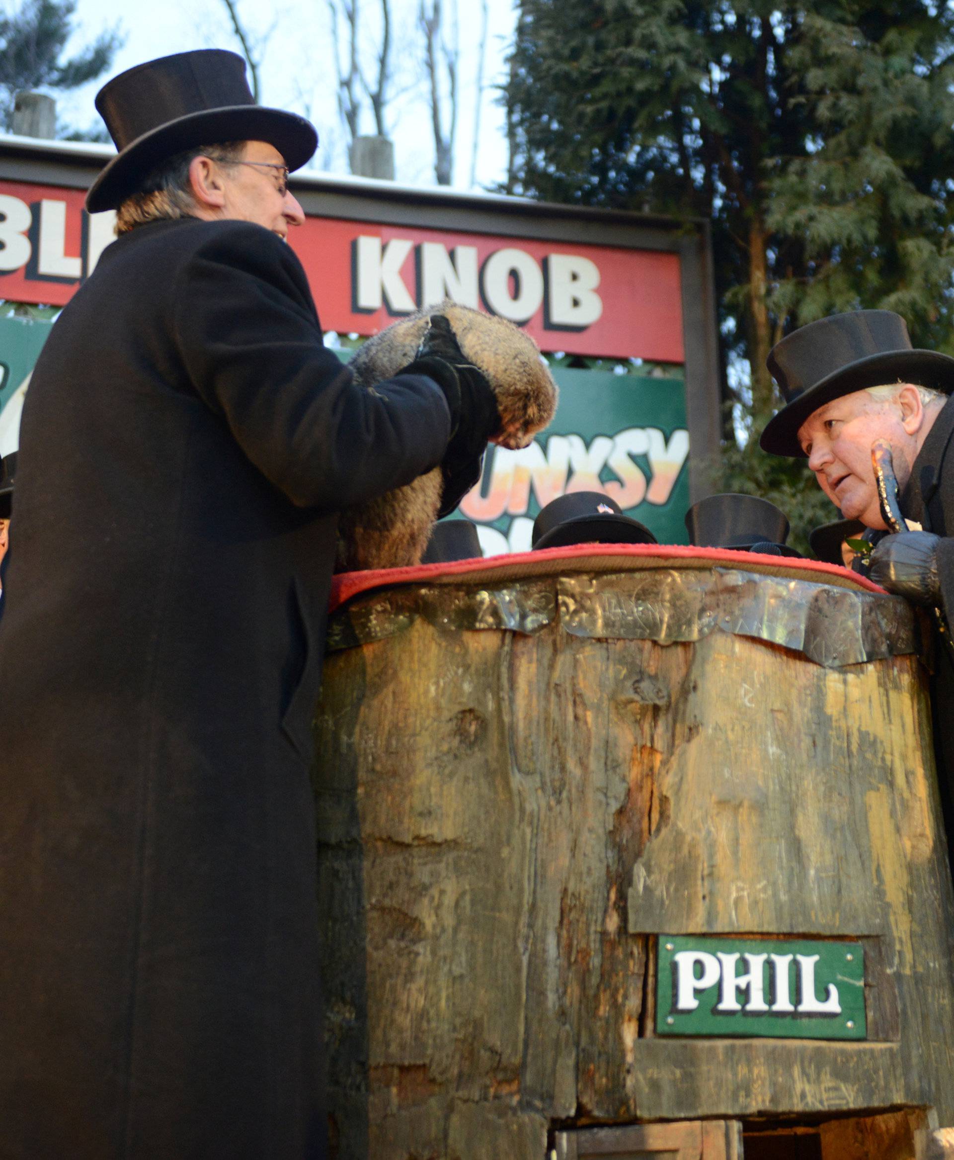 Groundhog Club President Bill Deeley listens for Phil's forecast on Groundhog Day in Punxsutawney