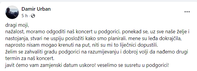 Urban otkazao koncert: Liječnici mi nisu dopustili da putujem