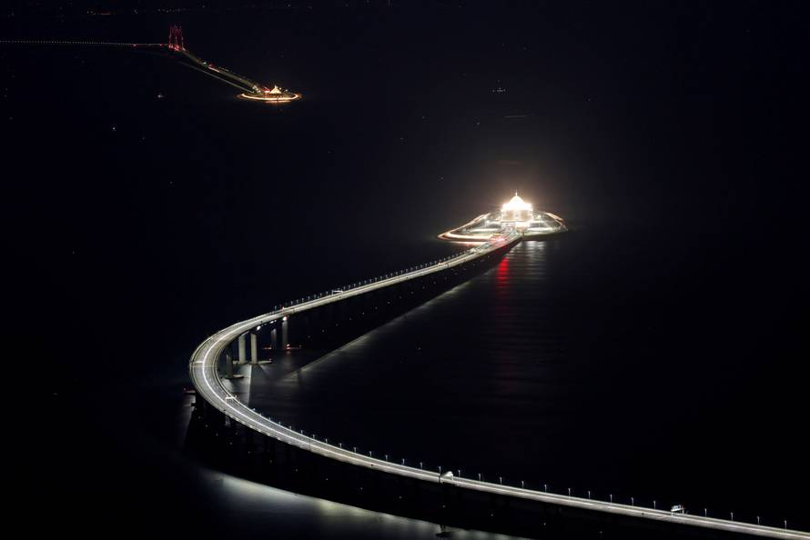 A evening view of the Hong Kong-Zhuhai-Macau bridge off Lantau island in Hong Kong