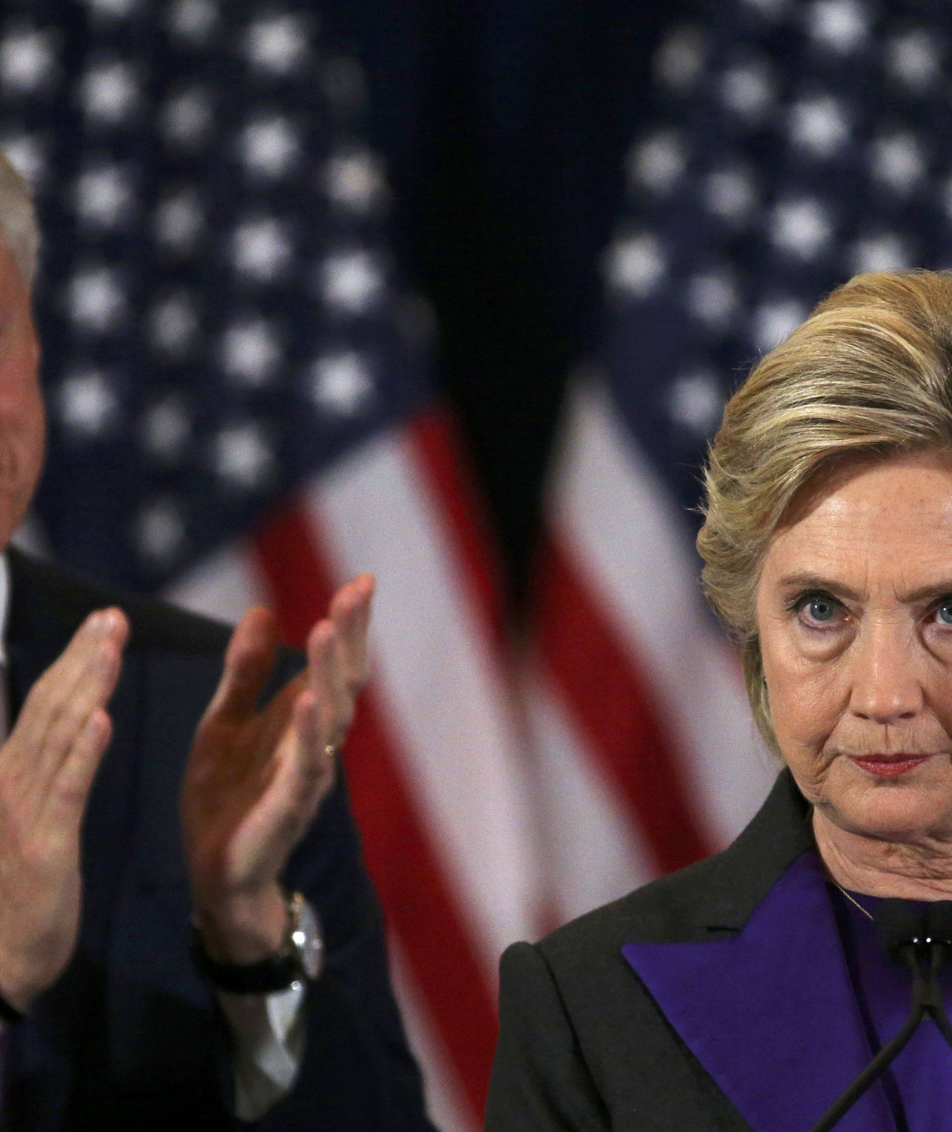 Hillary Clinton addresses her staff and supporters about the results of the U.S. election at a hotel in New York