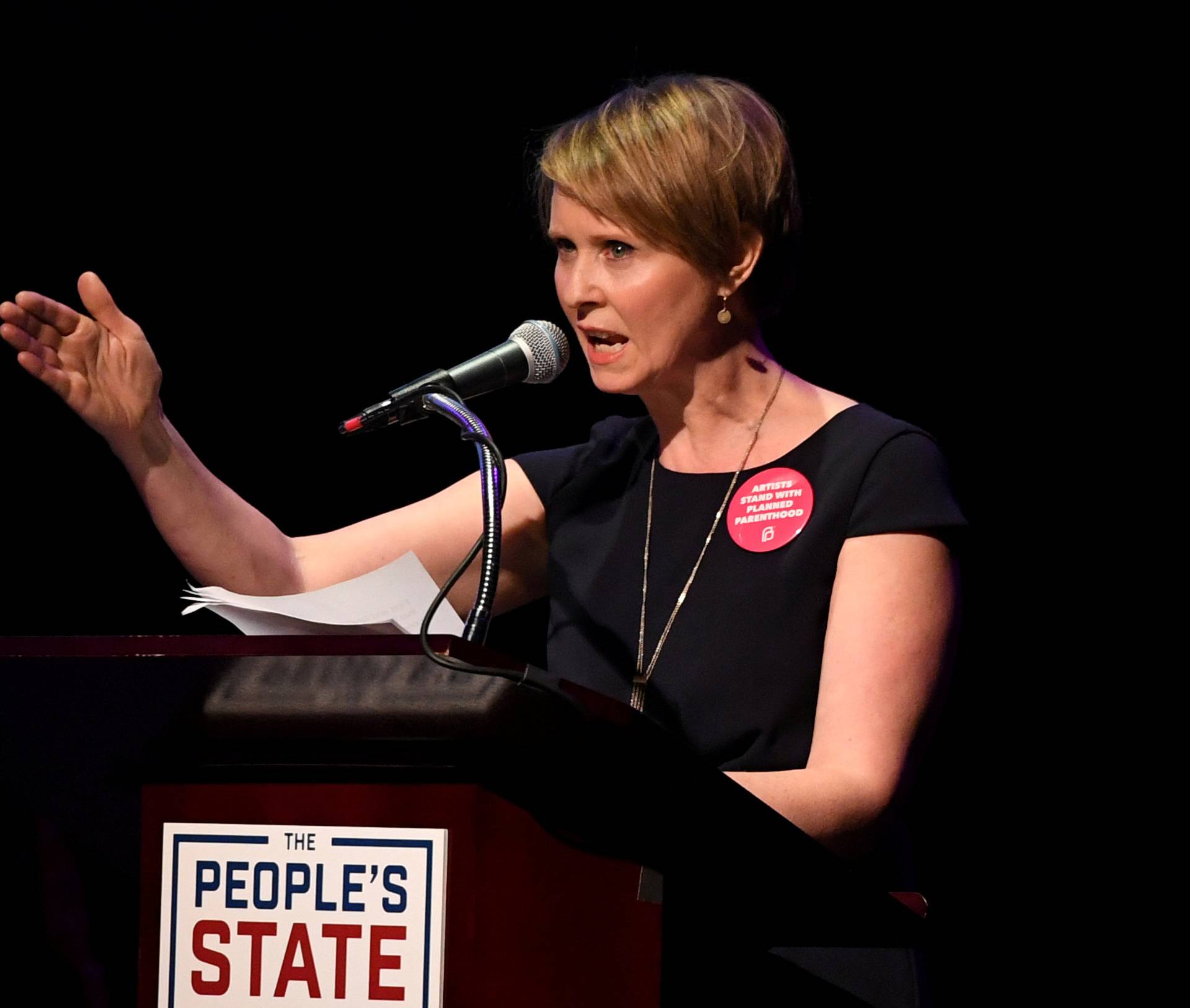 FILE PHOTO: Actress Cynthia Nixon speaks during the "People's State of the Union" event in Manhattan