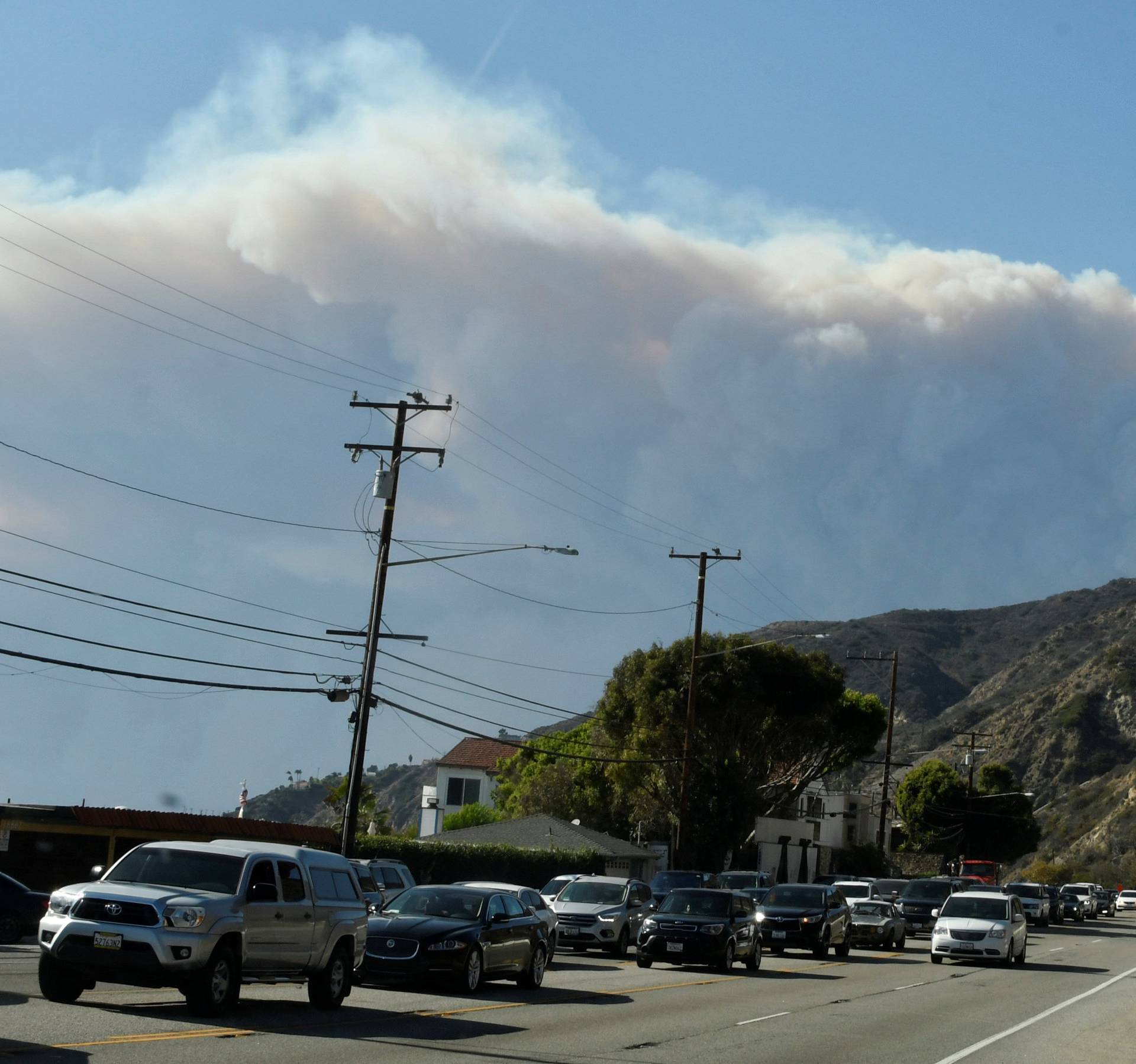 Heavy traffic is seen as cars head south to avoid the Woosley Fire in Malibu