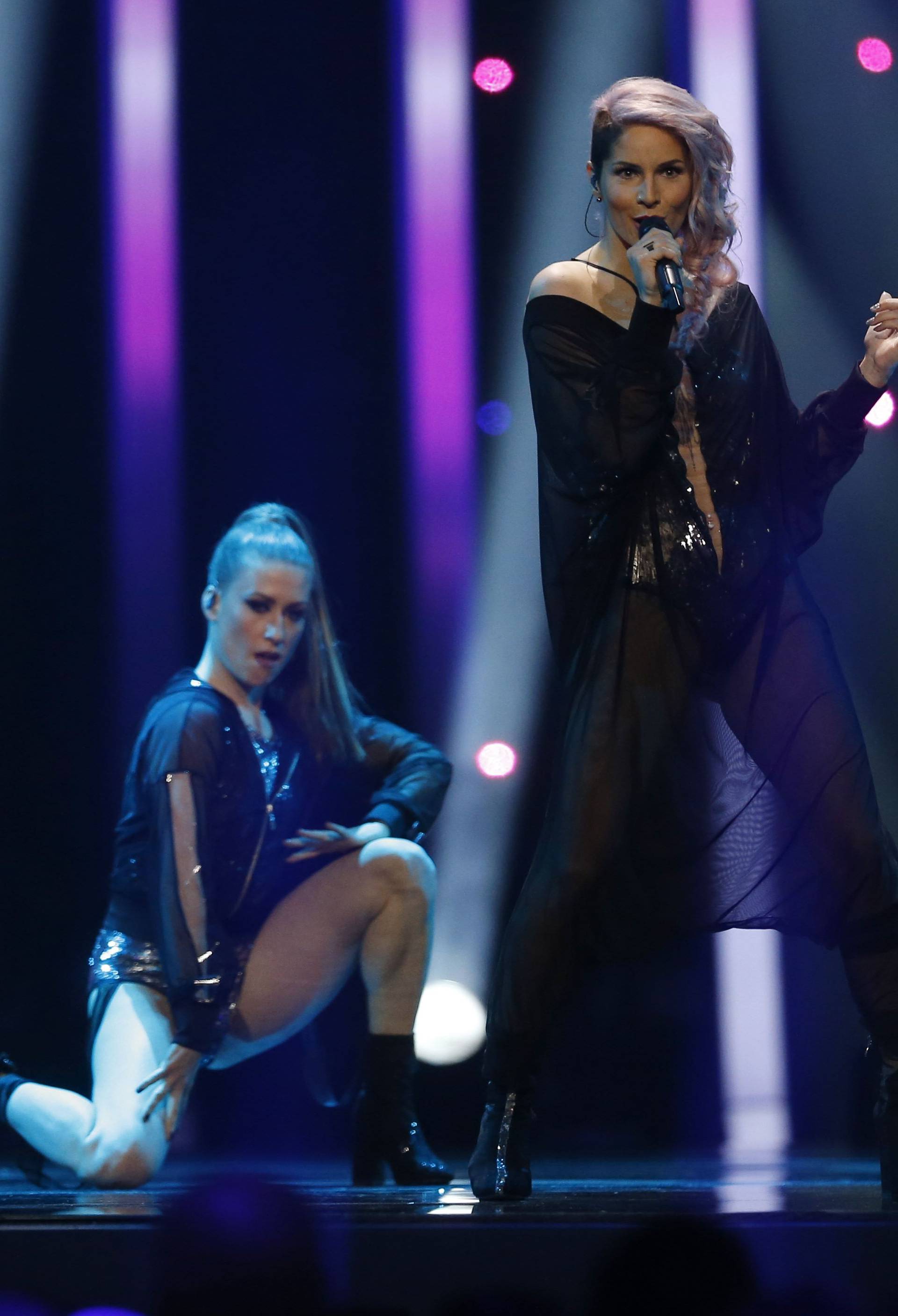 Sloveniaâs Lea Sirk performs âHvala, neâ during the Semi-Final 2 for Eurovision Song Contest 2018 in Lisbon