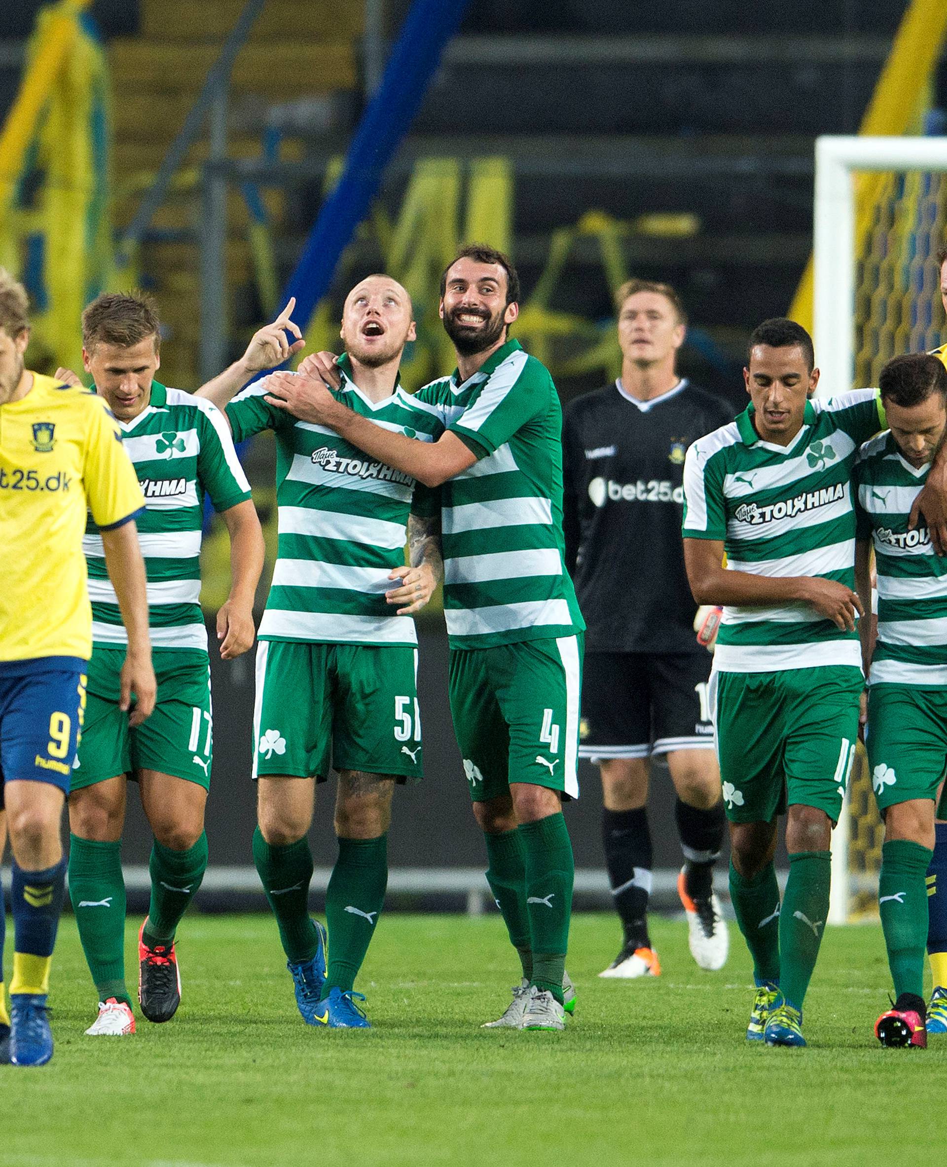Panathinaikos players celebrate a goal during their Europe League second leg match against Brondby at Brondby Stadium in Brondby