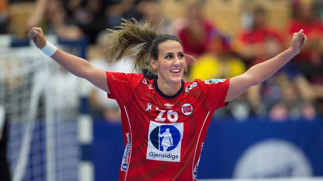 Norway's Marta Tomac cheers after scoring during the Women's European Handball Championship Group 2 match between Denmark and Norway in Helsingborg
