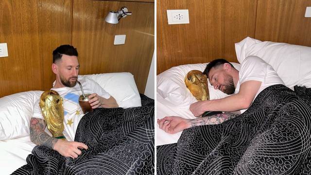 Leo Messi spava s pobjedničkim peharom Svjetskog prvenstva