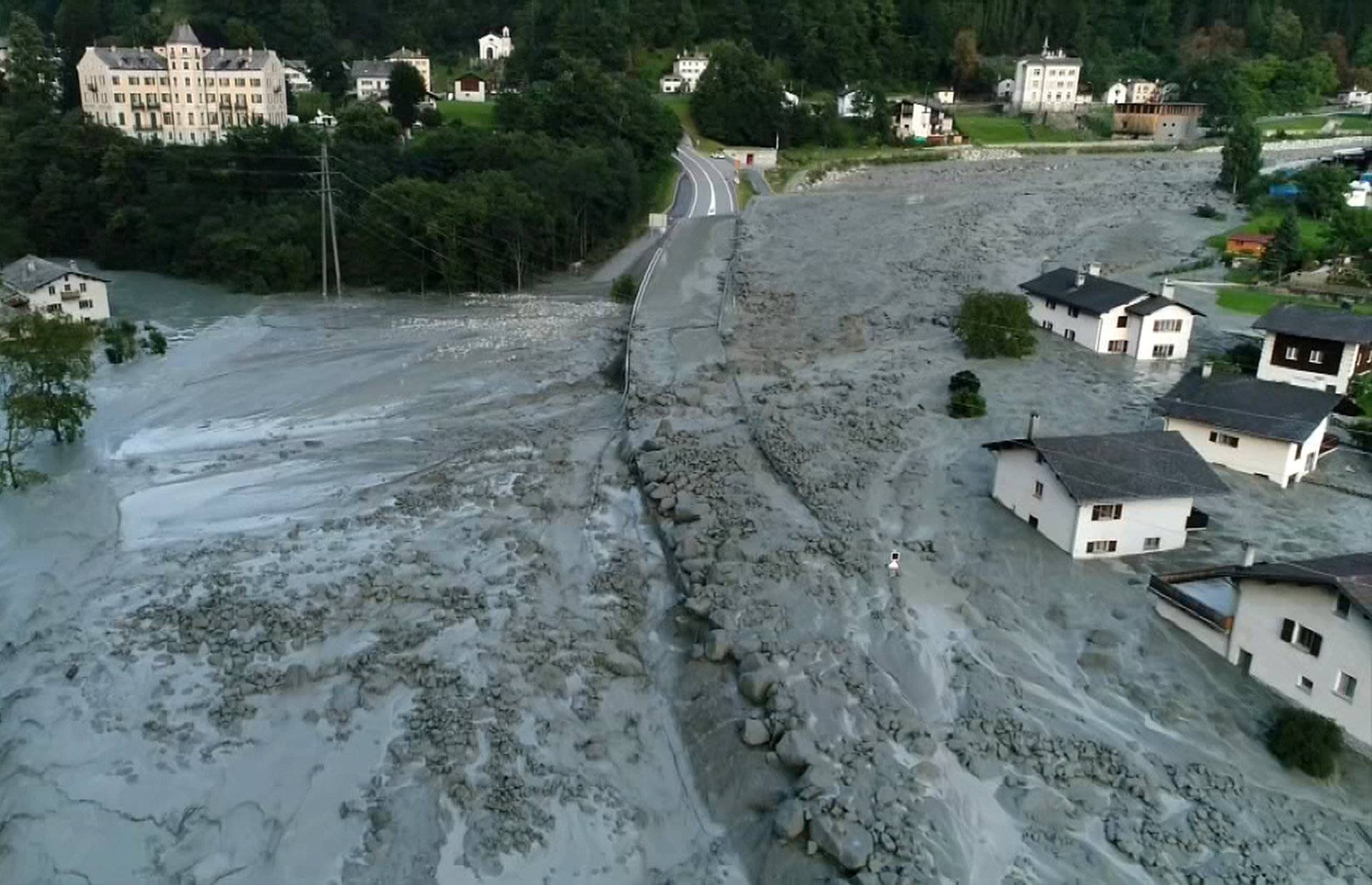 Still image taken from video shows the remote village of Bondo in Switzerland after a landslide struck it