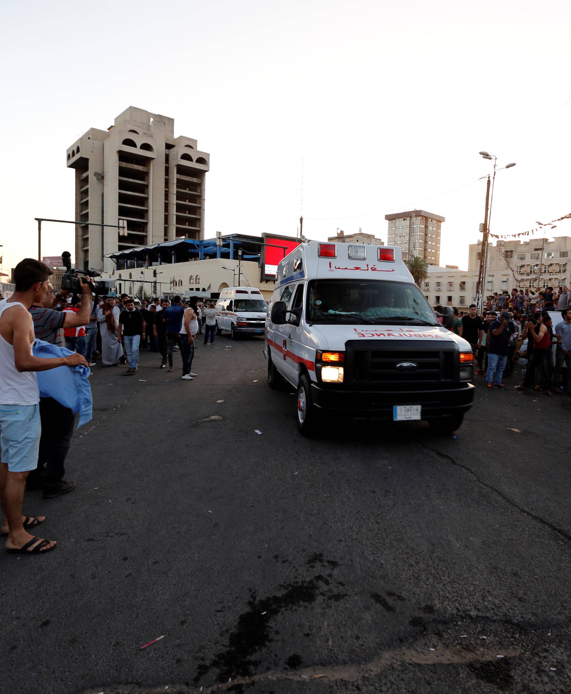 An ambulance is pictured transporting anti-government protesters injured during the storming of Baghdad