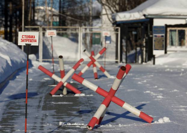 A view shows the entrance to the penal colony where Alexei Navalny served his sentence in Kharp