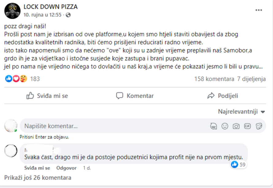 Skandalozna objava pizzerije iz Samobora: 'Nećemo zaposliti četnike iz Niša, a ni one crne'