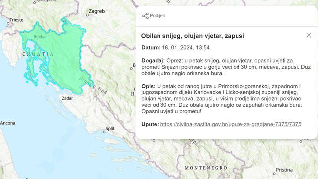 SRUUK je poslao upozorenje: 'Opasni uvjeti u petak! Mećava i snijeg i preko 30 centimetara'