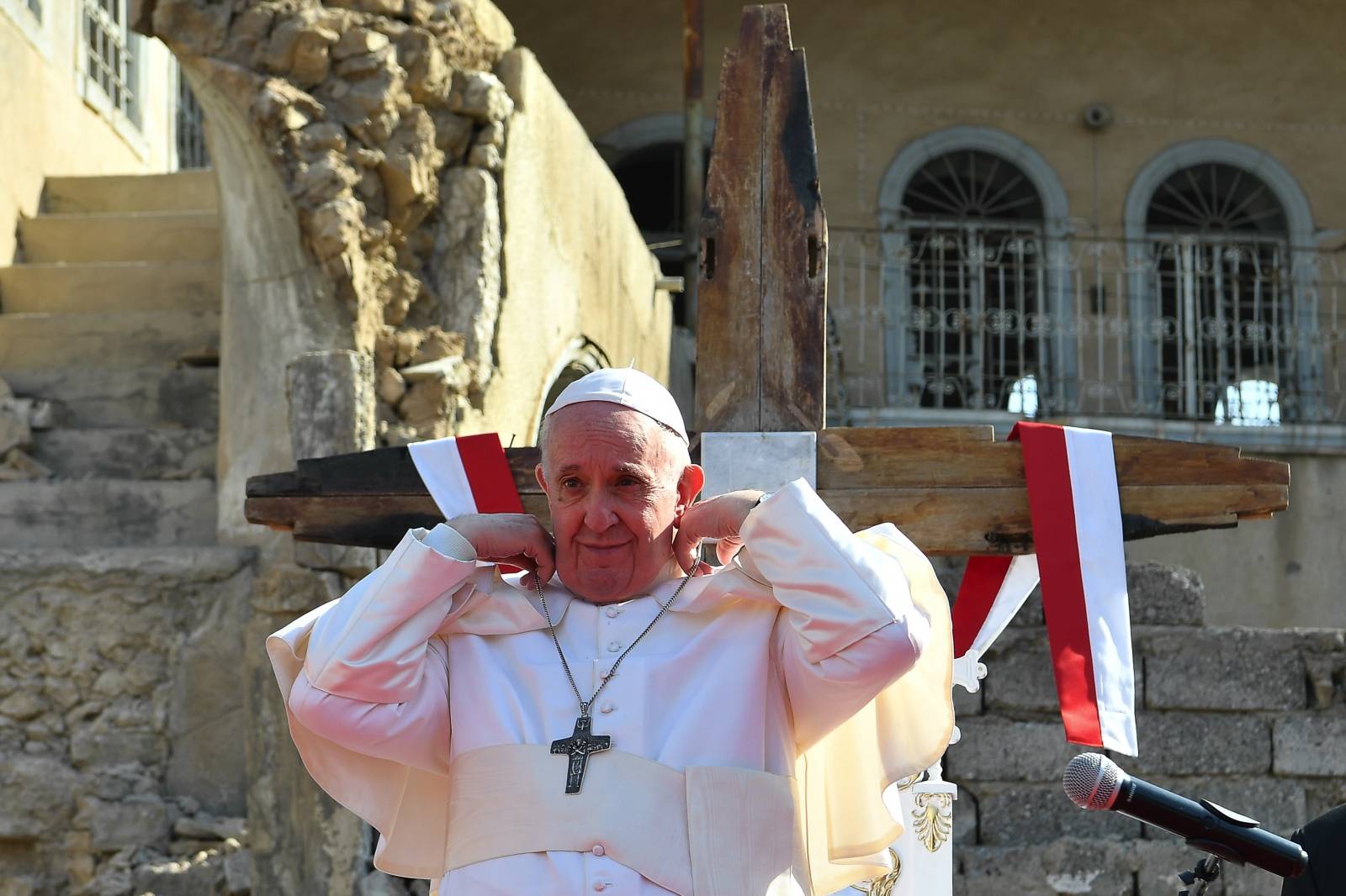 Pope Francis makes a speech at Church square of Hosh al-Bieaa in Mosul Iraq