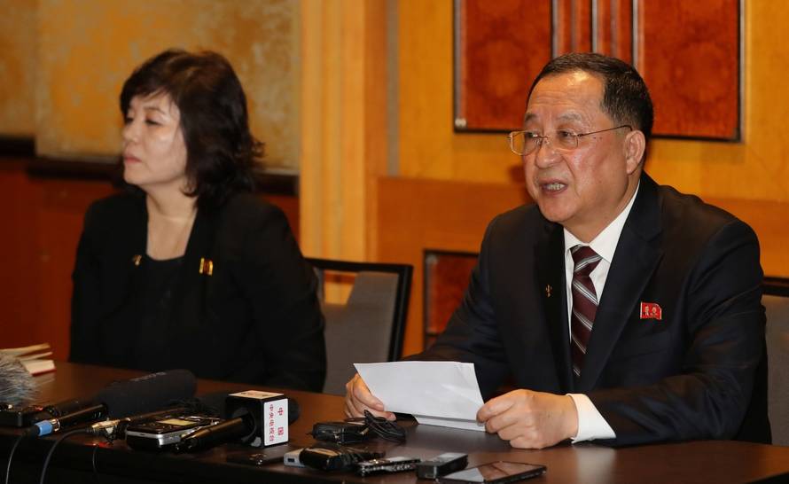 North Korean Foreign Minister Ri Yong Ho speaks at a news conference following the end of a summit between North Korean leader Kim Jong Un and U.S. President Donald Trump, in Hanoi