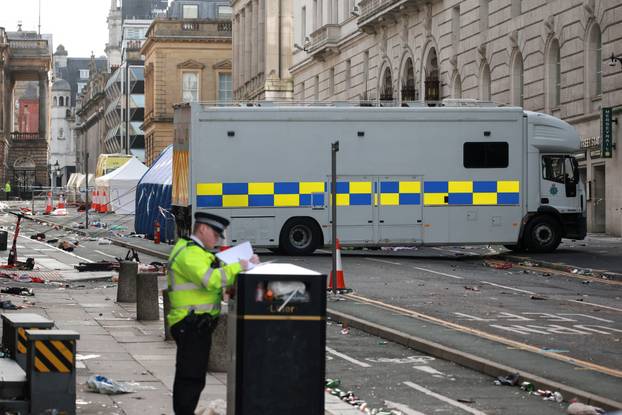 Crime scene after an incident where a car plowed into a crowd of Liverpool fans