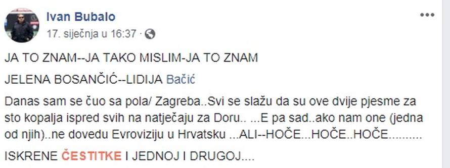 Bubalo proriče: Lidija ili Jelena pobijedit će na Dori i Euroviziji