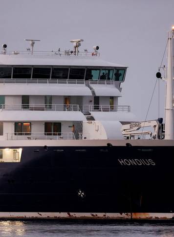 The cruise ship MV Hondius arrives at the port of Granadilla de Abona after being affected by a hantavirus outbreak, in Tenerife