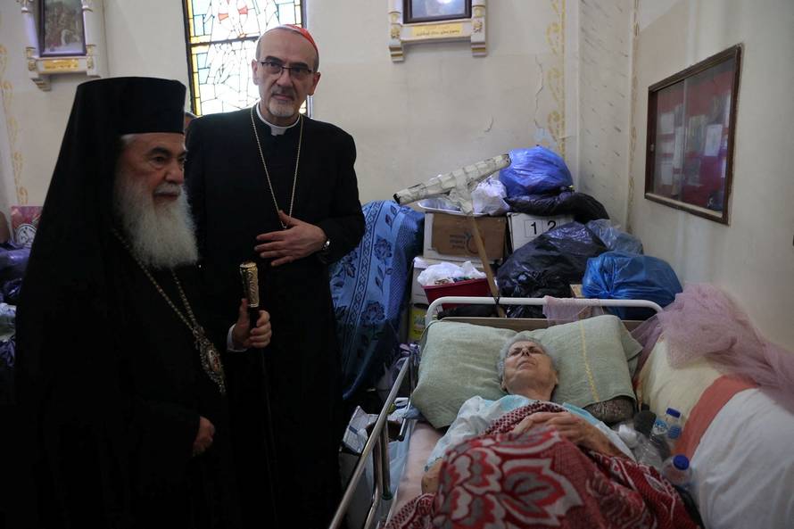 Latin Patriarch of Jerusalem Archbishop Pierbattista Pizzaballa and Greek Orthodox Patriarch of Jerusalem, Theophilos III visit the Church of the Holy Family in Gaza City