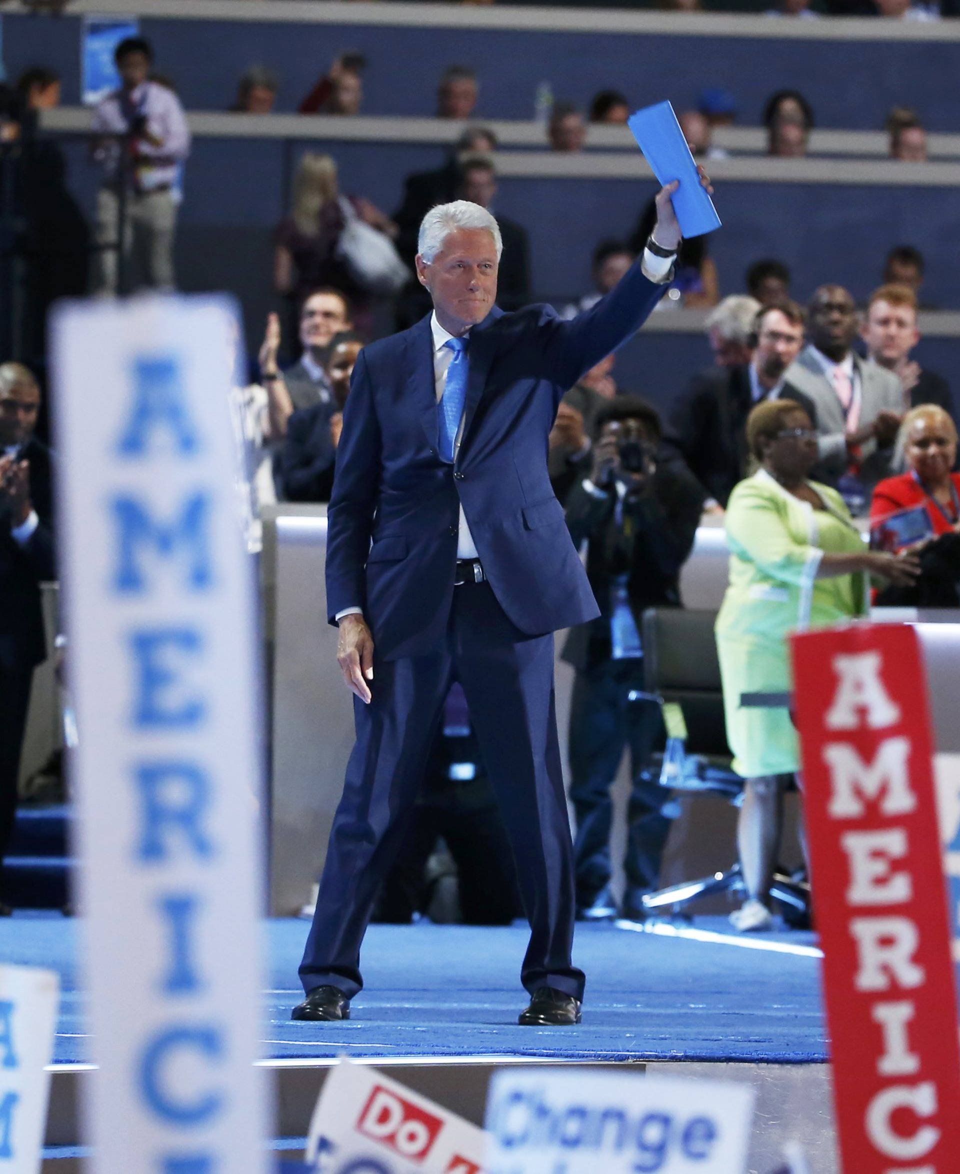 Bill Clinton waves after his speech during the Democratic National Convention in Philadelphia